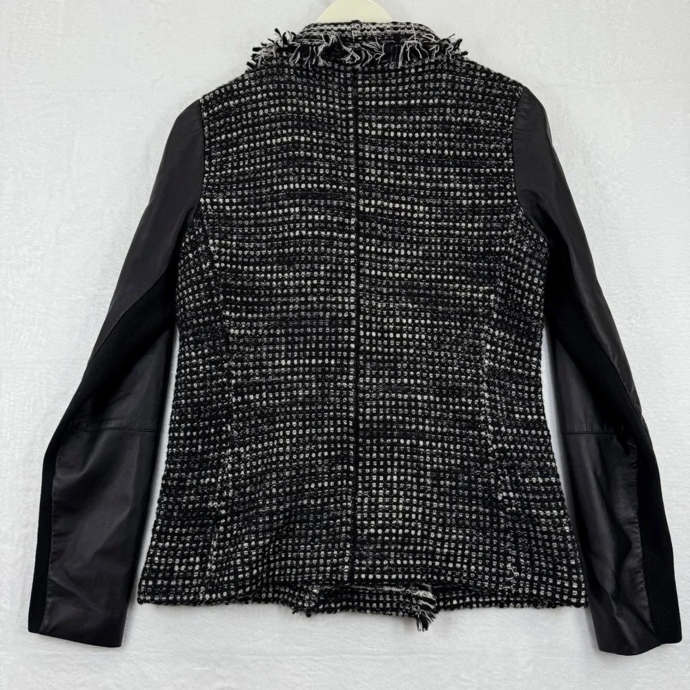 Vince Tweed Leather Moto Jacket Black‎ White Fringe Womens Size M